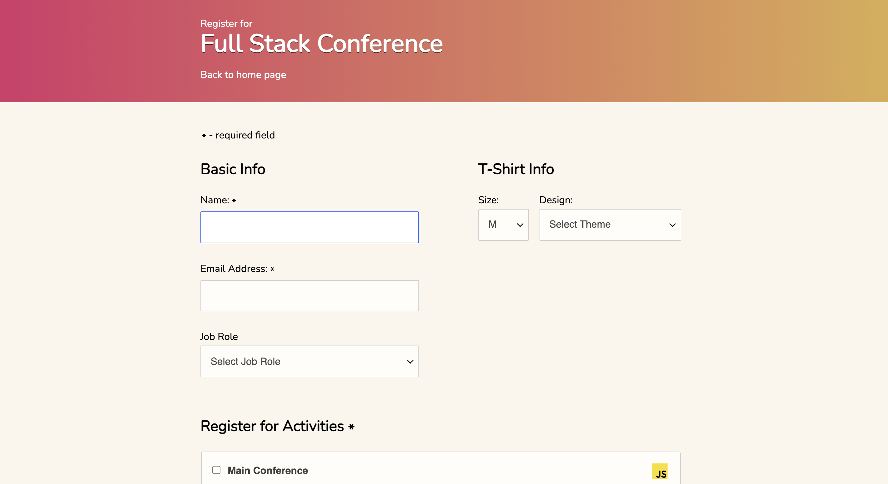image of Conference website with interactive form